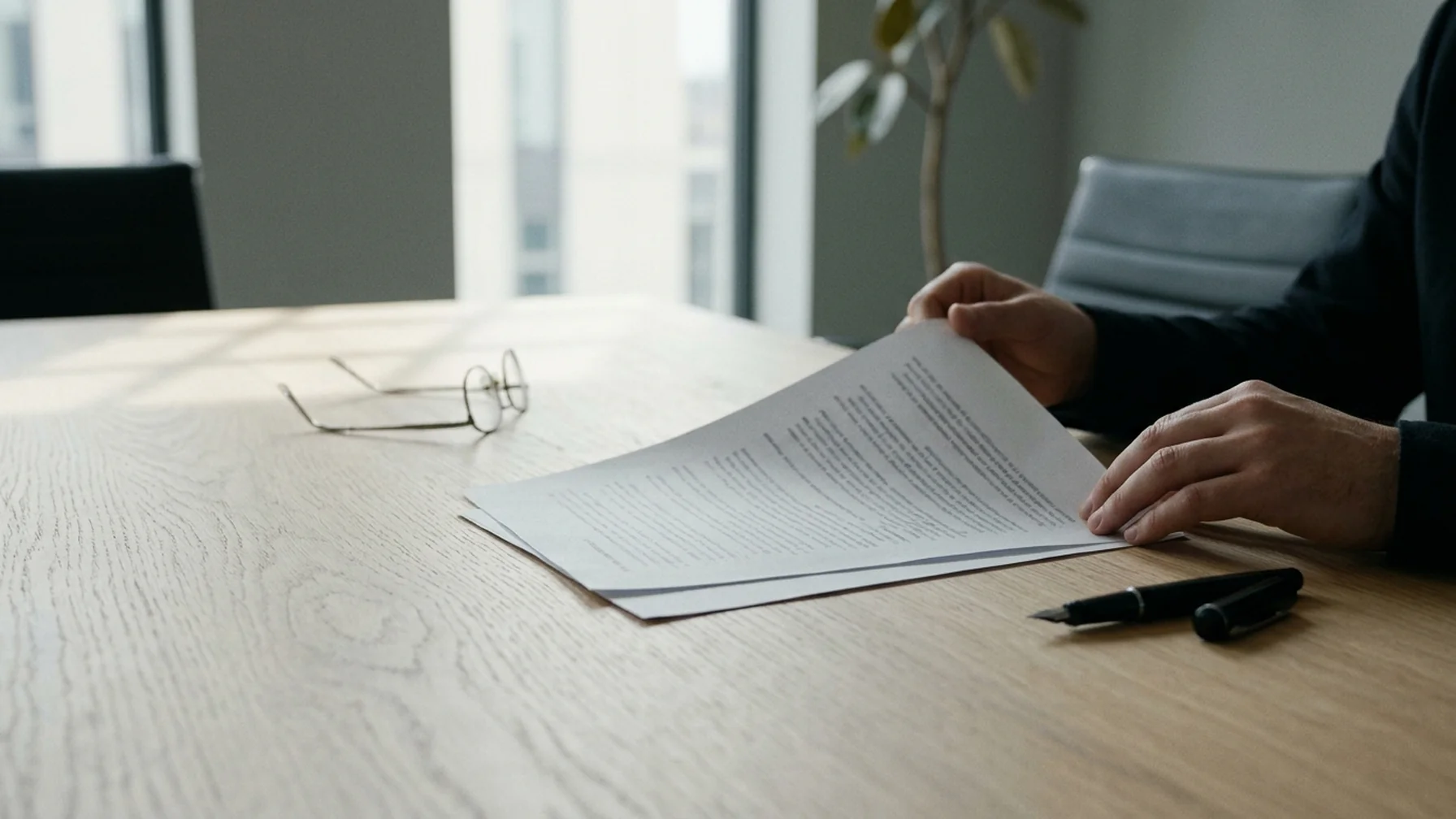 Reviewing a printed custody agreement at a conference table with a pen and reading glasses, daylight from tall office windows