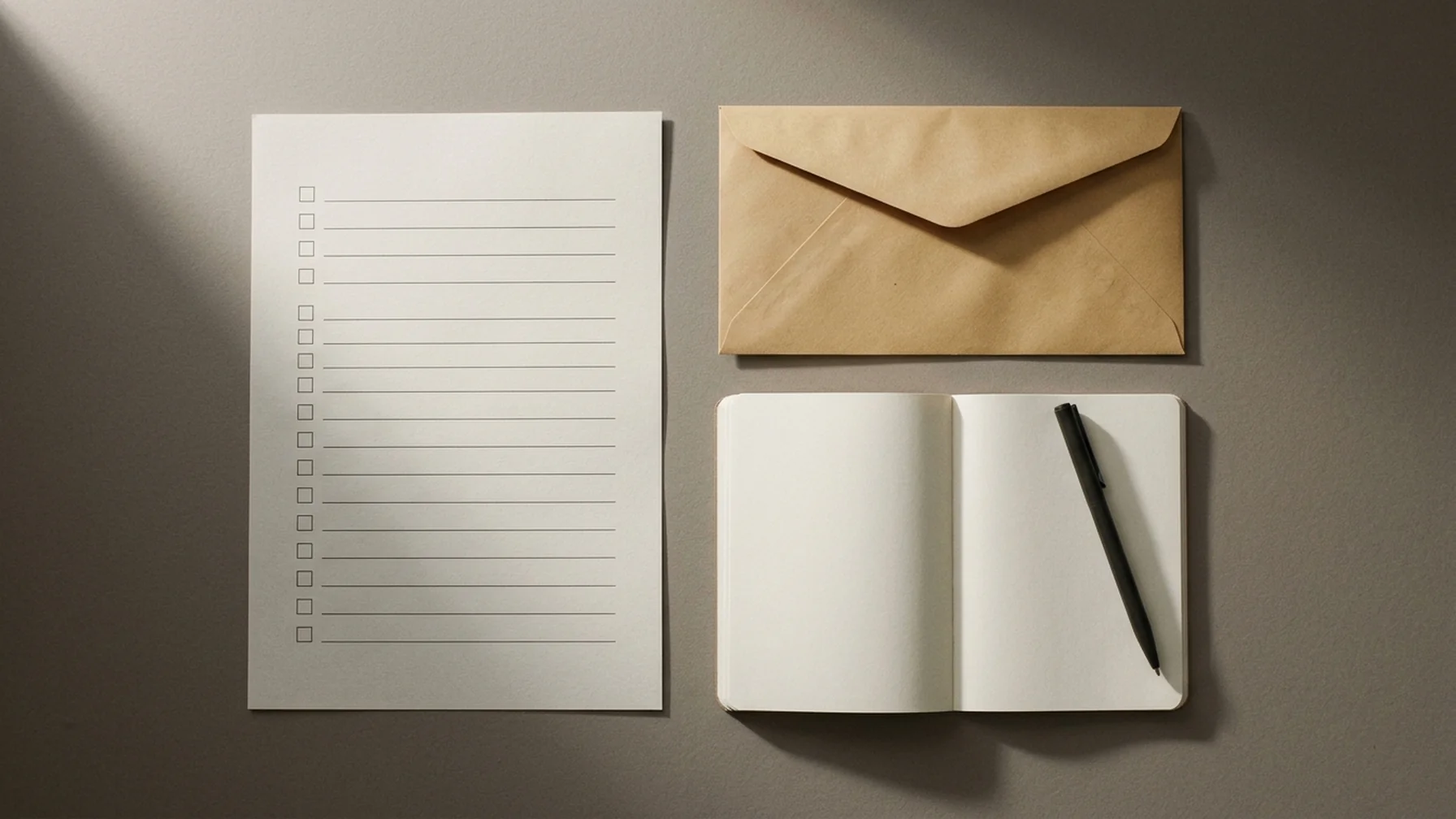 A printed checklist and a sealed envelope on a table beside a notebook, arranged as a personal recovery plan