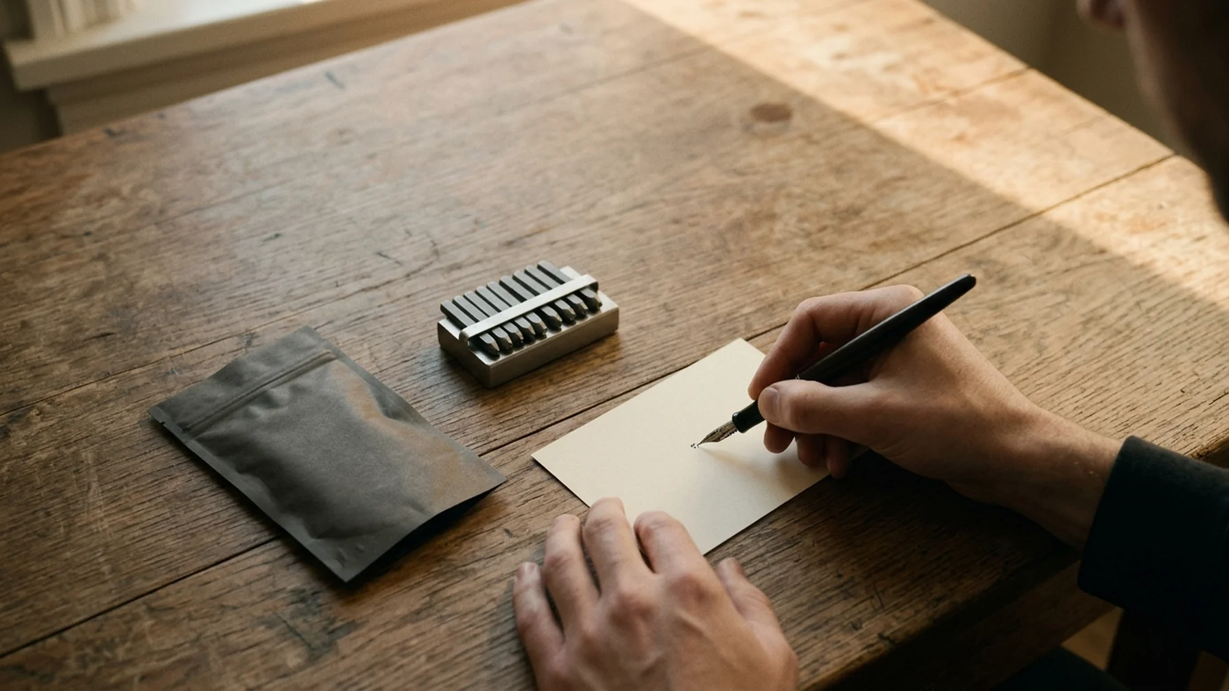 Hands writing on a small card at a kitchen table with a metal stamping set and sealed pouch nearby, warm afternoon light