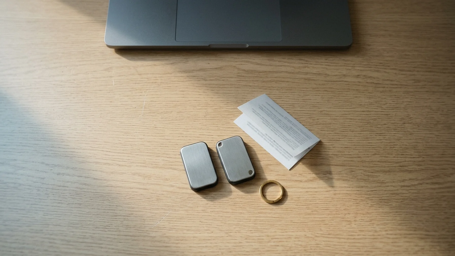 Two hardware signing devices and a printed recovery card laid out on a pale oak desk beside a closed laptop, morning window light across the surface